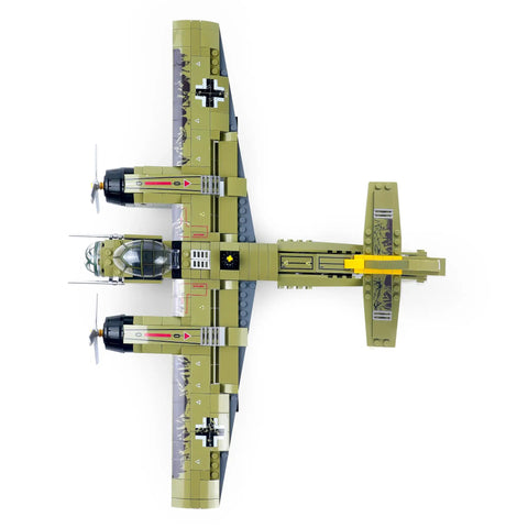 Top view of JU 88 Bomber Building Blocks Set With Display Stand 559 Pieces German Twin Engine Aircraft Model showing details.