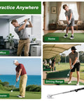 Images showing the Retractable Golf Swing Trainer With Click Sound And Posture Correction Arm Band for right-handed golfers used in office, home, course, and driving range settings.