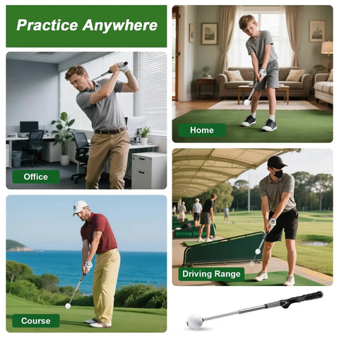 Images showing the Retractable Golf Swing Trainer With Click Sound And Posture Correction Arm Band for right-handed golfers used in office, home, course, and driving range settings.