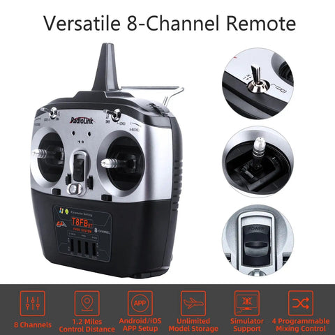 8 Channel 2.4GHz RC Remote Transmitter With R8EF Receiver, Dual Stick Controller, app setup interface, close-up details