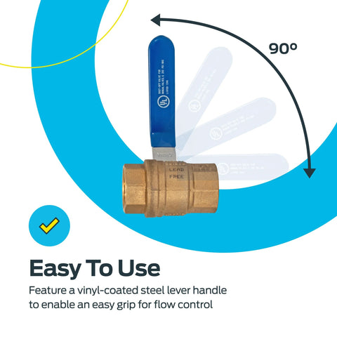 Front view of brass 3/4 in IPS full-port ball valve with blue lever handle