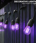 Purple S14 Edison LED Light Bulbs 0.5W For Indoor Outdoor String Lights Colorful UL Listed E26 Base Replacement Bulbs For Parties Holidays And Decor Dope Vibe, illuminating a wooden fence with purple light display at night.