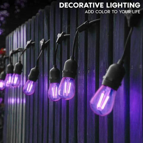 Purple S14 Edison LED Light Bulbs 0.5W For Indoor Outdoor String Lights Colorful UL Listed E26 Base Replacement Bulbs For Parties Holidays And Decor Dope Vibe, illuminating a wooden fence with purple light display at night.