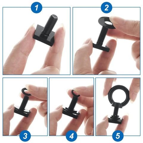 Step-by-step assembly of Beefy 8 Piece T Track Mount Tie Down Anchor Kit for Roof Rack with M8 Stainless Steel Eye Bolts.