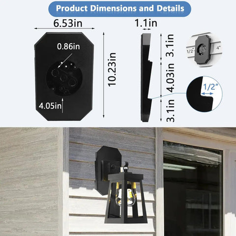 Two Piece Siding Mounting Block Kit For Outdoor Lights 1/2 Inch Lap Double Black Finish With Built In Junction Box And NM Cable Connector No Fuss Install Paintable Surface, dimensioned on siding