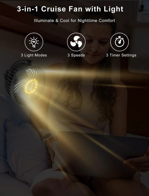 Portable Magnetic Cruise Fan With 12000mAh Battery Three Speed Settings Led Lantern And Digital Timer in use while illuminating a cabin.