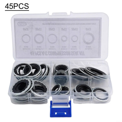 Garage Grade Car AC Compressor Seal Kit With Gasket Set, 45 Pieces, 6 Sizes, shown in organized plastic box