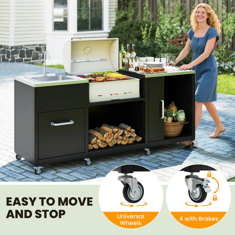 80 Inch Outdoor Grill Table With Sink And Drainage, Heavy Duty Metal Cart With Cabinet And Removable Stainless Steel Top