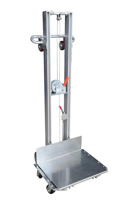 Premium Aluminum Manual Load Lift With Hand Crank Winch And Smooth Rollin Swivel Casters 24 By 20 Inch Platform with dolly wheels.