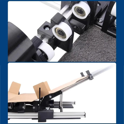 Manual Box Folding Tool With Adjustable Size Folding Fixture For Shipping Boxes, A Real Packaging Game Changer That Is Easy To Use, Built With Durable Aircraft-Grade Aluminum Frame And Fiber Reinforced Polymer Parts; close-up and side view of box-folding fixture