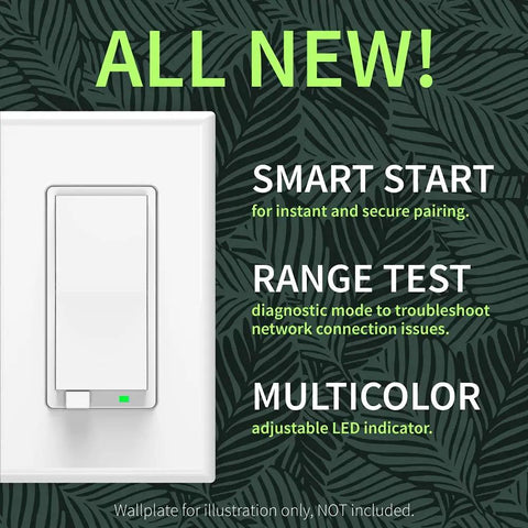 Long Range Z-Wave Dimmer Switch S2 800LR White with smart start feature against leaf background