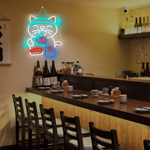 Lit Sushi Cat Neon Light Sign With White LED For Kitchen Or Home Bar Party Decor in ramen shop setting