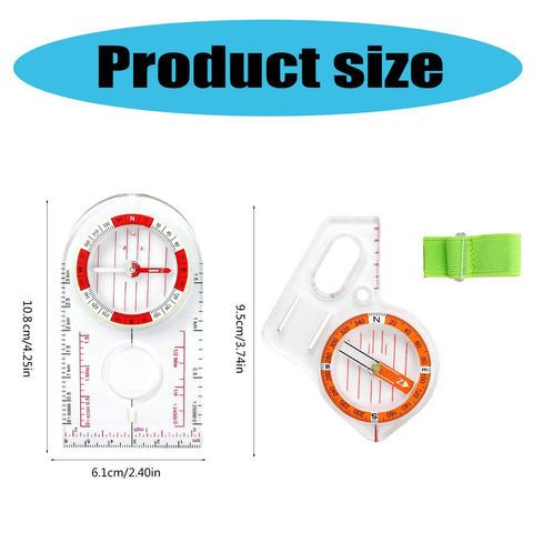 All In One Thumb Compass With Ruler For Hiking And Survival dimensions shown with green strap included.