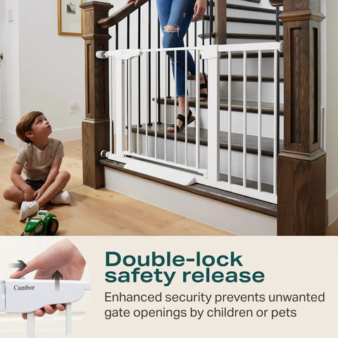 Auto Close Baby Gate For Stairs And Doorways, 30 To 46 Inches, Easy Install Pressure Mounted, Wide Walk Through Opening With One Hand Operation, Mom Approved Safe Gate For Toddlers And Pets, White