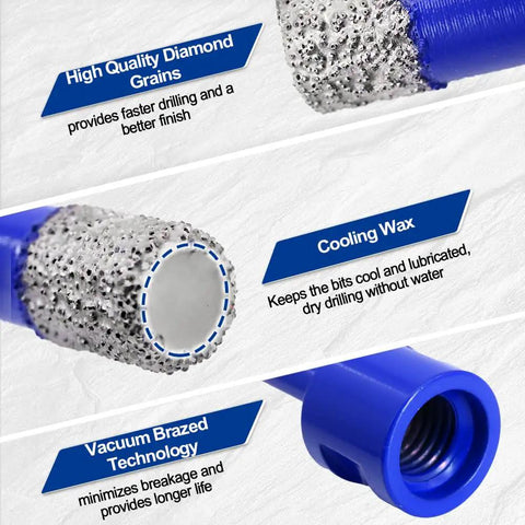 Close-up of dry diamond core drill bits set for porcelain tile marble brick, showing diamond grains and cooling wax features