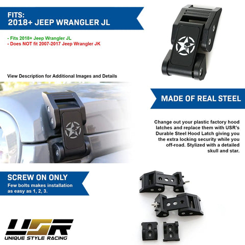 Heavy Duty Skull Hood Latch Set For Jeep Wrangler JL 2018 To 2024 And Gladiator JT 2 Piece Full Steel Construction with skull design.