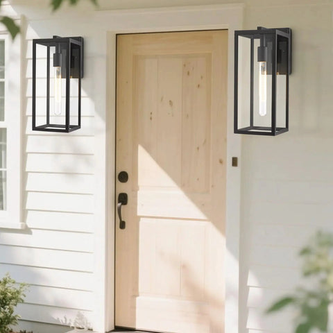 Outdoor Wall Sconce Lights 15 Inch Exterior Lantern with clear glass in black on porch for all weather exterior lighting.