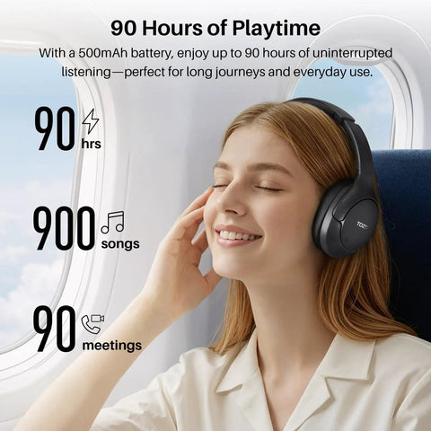 Woman enjoying music with Hybrid Noise Cancelling Wireless Over Ear Headphones With 90 Hour Battery Life Bluetooth Six Point Zero