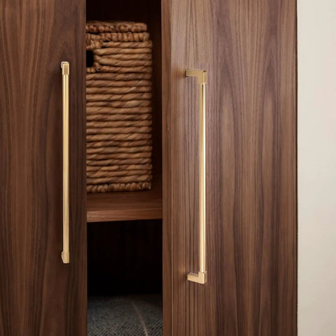5 Pack Classic Solid Cabinet Handles In Champagne Bronze, 8 Inch (203 Mm) Screw Spacing, on wooden cabinet doors