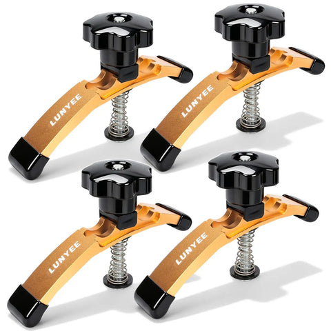 Extended 5-3/8 Inch T Slot Hold Down Clamps 4 Pack with rubber pads for CNC router and woodworking, adjustable, gold color
