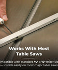 Premium Table Saw Miter Gauge Kit Featuring An Adjustable Fence For Dead On Angles And Crisp Woodworking Cuts That Shoot Straight Every Time, shown being installed on table saw.