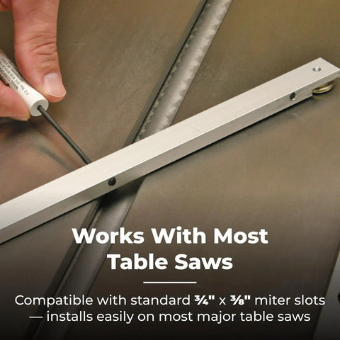 Premium Table Saw Miter Gauge Kit Featuring An Adjustable Fence For Dead On Angles And Crisp Woodworking Cuts That Shoot Straight Every Time, shown being installed on table saw.