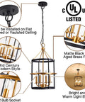 Modern 4 Light Lantern Pendant Chandelier In Matte Black And Brass Finish for Dining Room, ceiling hanging fixture with warm glow