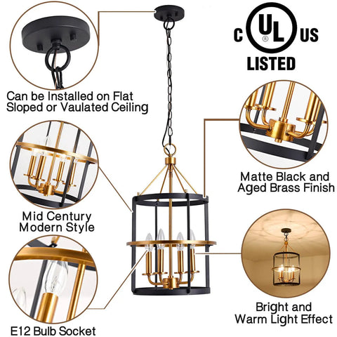 Modern 4 Light Lantern Pendant Chandelier In Matte Black And Brass Finish for Dining Room, ceiling hanging fixture with warm glow