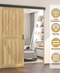 Installed Six Foot Sliding Barn Door Hardware Track Kit With Handles In Black on wooden door, low profile aluminum box rail.