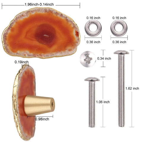 Smooth Agate Slice Drawer Knobs With Sleek Brass Handles And Glossy Gold Plated Edges Dope Geode Cabinet Pulls showing dimensions and screws.