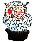 Blue Tiffany Style Stained Glass Owl Accent Table Lamp With Handmade Lampshade For Living Room Decor, lit with warm white glow.