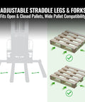 MechMaxx 3300 Lb Semi Electric Straddle Stacker With 118 Inch Lift Height adjustable straddle legs and forks for pallet compatibility.