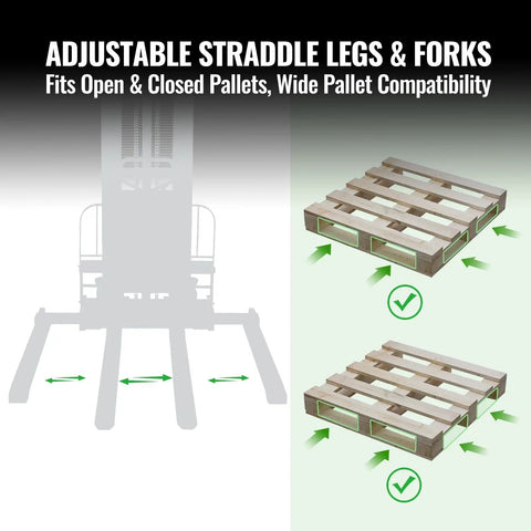 MechMaxx 3300 Lb Semi Electric Straddle Stacker With 118 Inch Lift Height adjustable straddle legs and forks for pallet compatibility.