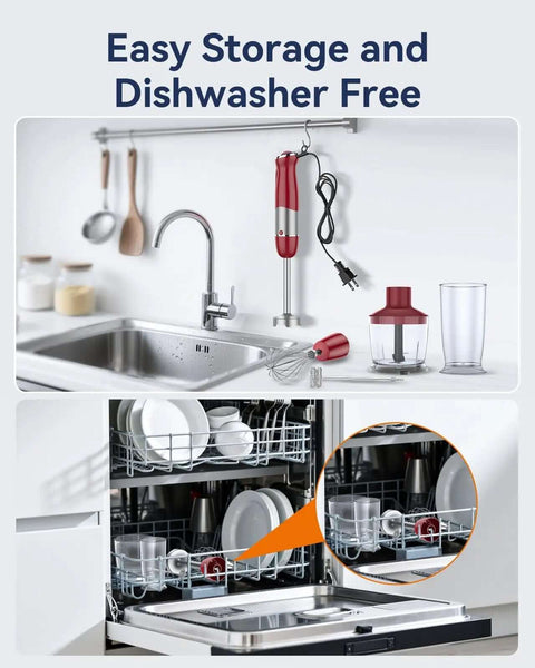 Game Changing 1000W Immersion Blender 5 In 1 Corded Stick Hand Blender tools stored above sink and in dishwasher.