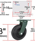 Badass Heavy Duty Industrial Caster Set Of Four Swivel Wheels With Parking Brakes Slick Rubber Tread dimensions showing 8 inch wheel.