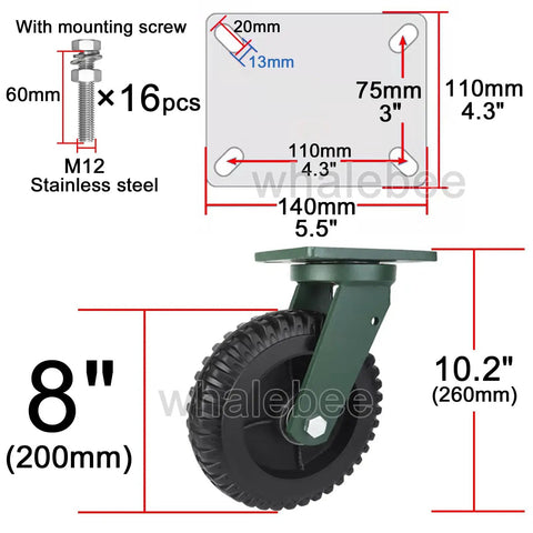 Built Different Heavy Duty Rubber Caster Wheels Set Of 4 With Locking Brakes And Roll Like Butter Swivel Design showing dimensions and mounting screw.
