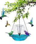 Hanging Bird Bath Fountain USB Powered Outdoor Water Feature In Blue With A Gentle Cascade To Attract Birds under green leaves.