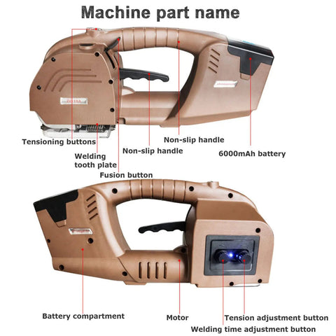 Heavy Duty Portable Electric Strapping Machine For 12-19 Mm PP PET Plastic Bands showing controls and features, including battery and handles.