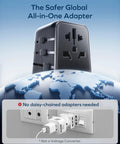 Front view of GaN 70W Travel Adapter with global plug types, set against a globe background, highlighting its 6-in-1 capabilities.