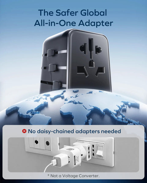 Front view of GaN 70W Travel Adapter with global plug types, set against a globe background, highlighting its 6-in-1 capabilities.
