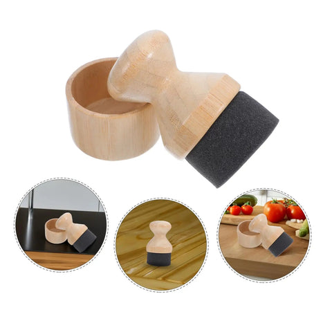Real Deal Silicone Cutting Board Oil Wax Applicator Brush For Zero Hassle Kitchen Maintenance And Wooden Utensil Care Food Grade Mineral Oil Finishing Tool Smooth Operator No Rush Setup, beige silicone brush and wooden holder.