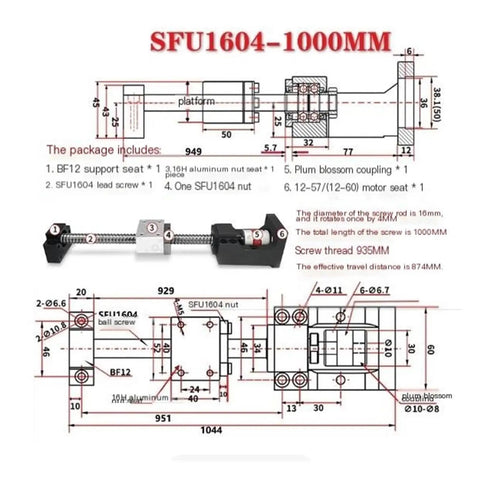 Ultra Low Backlash SFU1604 1000mm Ball Screw for CNC Machines, Smooth Rolling Friction, Quiet Operation, Heavy-Duty Bearing Steel Build for Precise Linear Motion, technical diagram