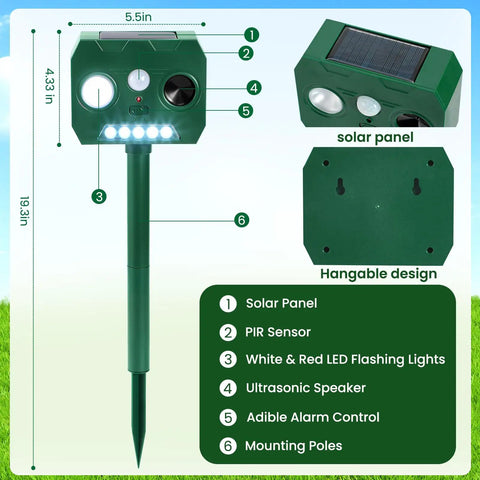 Outdoor Ultrasonic Animal Repellent 2 Pack With PIR Motion Sensor And LED Flash, waterproof green solar stake with mount pole