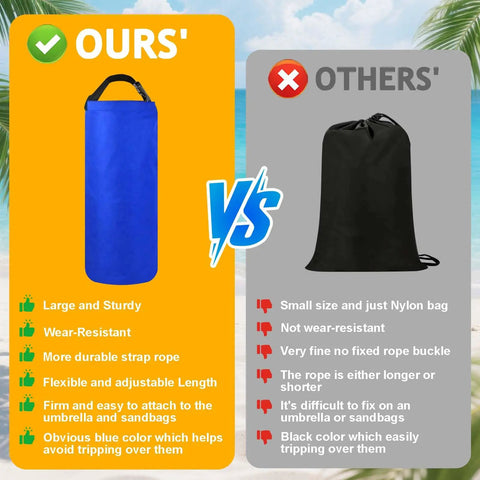 Comparison of Two Pack 10L Beach Umbrella Sand Bags, Blue 600D Oxford vs black nylon, highlighting features and benefits.