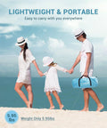 Family carrying CumbreX Beach Tent Sun Shelter With Built In Canopy Pop Up 4 To 5 Person Beach Cabana on sandy beach.