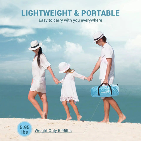 Family carrying CumbreX Beach Tent Sun Shelter With Built In Canopy Pop Up 4 To 5 Person Beach Cabana on sandy beach.