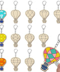 Color Your Own Hot Air Balloon Keychains Kit With 24 Wooden Blanks, 12 Styles shown with colorful design examples