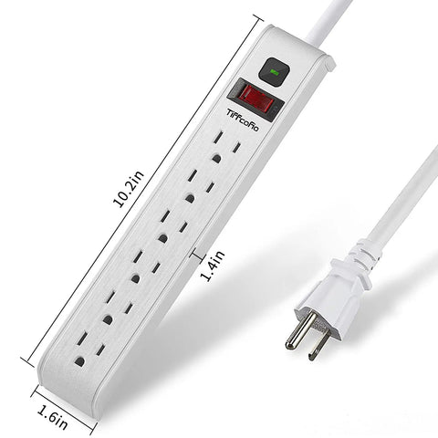 Six Outlet Surge Protector Power Strip With Four Foot Extension Cord, 600 Joules Surge Protection, 14 AWG Cable, angled view