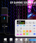 G9 Audio Mixer For Streaming And Podcasting RGB PC Mixer With XLR Interface Volume Fader Mute Button 48V Phantom Power Soundboard For Live Streaming And Recording White with microphone and RGB lighting