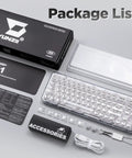 Package contents for Compact Wireless Mechanical Keyboard Featuring Hot Swap Switches And Clear Caps For Streamlined Desk Setup.